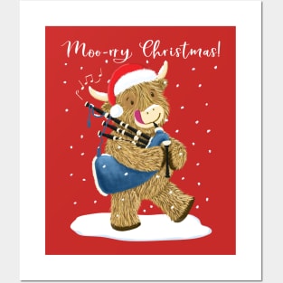 Scottish Highland Cow Plays Merry Christmas On His Bagpipes Posters and Art